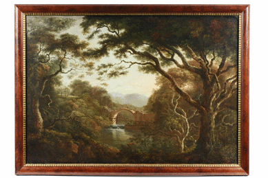 An oil on canvas painting of an Irish wooded landscape by George Barret, R.A. (Irish/UK, 1728‱784), crossed the block at $63,000. It came from a Chicago, Ill., estate and was included in the 1863 catalog of the famous F.A. Hall Collection. 