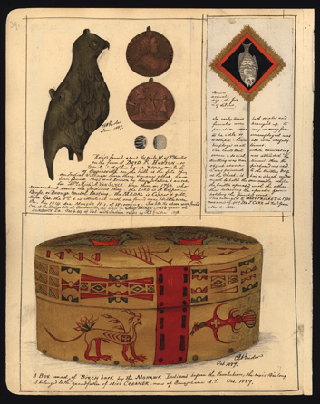 Rufus Grider's drawing of a pre-Revolutionary Mohawk Indian birchbark box along with Fort Hess relics. The drawings were made at different times. New York State Library, Manuscripts and Special Collections.