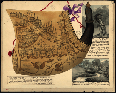 The Samuel Campbell powder horn, showing the Hudson River. On its banks are New York City and Albany. The owner's name is misspelled on the horn and Grider's annotation makes note of it. New York State Library, Manuscripts and Special Collections.