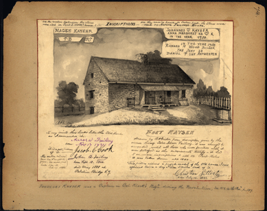 Fort Kayser, 1886, is an example of Rufus Grider working from oral and visual history to recapture a building that no longer existed. Both his notes and the written signatures of witnesses attest to the accuracy of the drawing. New York State Library, Manuscripts and Special Collections.
