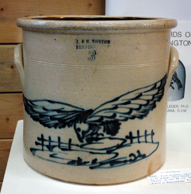 Featured in the Birds of Bennington, an authoritative reference on the pottery, this rare J&E Norton 3-gallon crock with hawk decoration was available at Mad River Antiques, North Granby, Conn.
