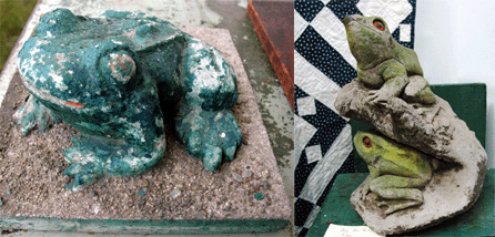 Village Braider dealer Bruce Emond (said what he loved the most about this cast stone frog (shown at left) was the way it was presented on a stately plinth. At right, this froggy duo does duty as a fountain. The cast stone piece was seen at Wenham Cross Antiques, Topsfield, Mass.