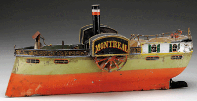 An all-original, 18-inch Marklin paddlewheel boat, the Brooklyn, with elaborate decking and detailing in untouched condition steamed to $60,375.