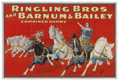 Equestrian acts were a big draw for circuses and in 1920, Ringling Bros and Barnum & Bailey Combined Shows featured "Chariot Race†on this 1920 four-sheet poster. The Strobridge Lithographing Company, 1920; Cincinnati Art Museum, gift of the Strobridge Lithographing Company.