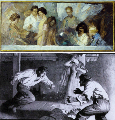 Confocal XRF was used to analyze an N.C. Wyeth study for a family portrait, top. Analysis revealed that Wyeth had reused the canvas, painting over his dramatic illustration of "The Mildest Mannered Man,†bottom, that appeared in a 1919 edition of Everybody's Magazine. Dr Mass reports that roughly one in ten canvases has another painting beneath the surface image.
