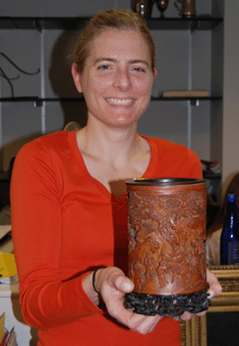 Skinner's Jessica Lincoln displays the record-breaking $539,500 bamboo brush pot.