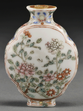 A Nineteenth Century famille rose snuff bottle bore a Qianlong mark, but was missing the stopper, and brought $30,810. 