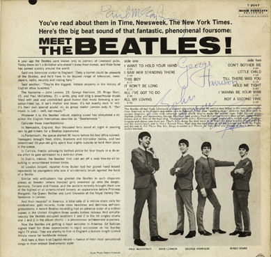 Meet The Beatles album, signed by John, Paul, George and Ringo and given to the doctor who treated George the day before the band's 1964 Ed Sullivan Show appearance, sold for $63,250.