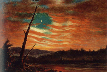 Frederic Church's emblematic image of the flag inspired by a glorious sunrise is a highlight of the current exhibition. It was a popular print series sold to benefit families of Union soldiers. Goupil & Co., chromolithograph, after Church's "Our Banner in the Sky,†1861, oil over chromolithograph, Olana State Historic Site.
