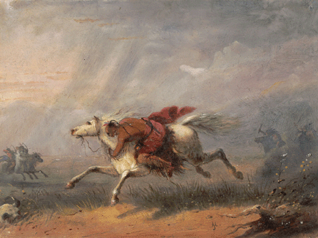 While he likely never witnessed Indian warfare, Miller heard enough tales in his travels to compose the theatrical "War Path,†showing an intrepid warrior who, by clinging to the neck of his horse, shields himself from foes. Characteristically, the horse charges ahead at full tilt, all four legs off the ground, his mane and tail flying in the wind.All Works Courtesy of Bank of America Collection. Photographs by John Lamberton.