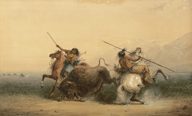 Depicting the intensity, danger and violence of the hunt, Miller shows two Native American hunters on horseback taking down a buffalo with their spears. In the distance, another hunter on horseback pursues a herd of bison, dust rising from their trail.