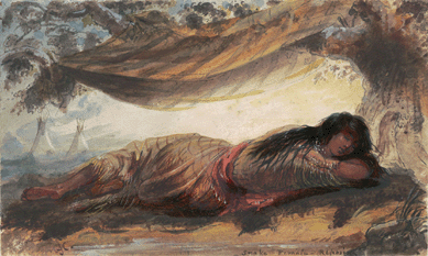 Transposing European traditions of portraying alluring, reclining women to Western Indians, Miller's "Snake Female Reposing†created this sensuous view of a graceful young woman snoozing atop a buffalo skin near her teepee village. It calls to mind the paintings and sculptures of reclining goddesses, nymphs and odalisques the artist had seen in Paris several years before.