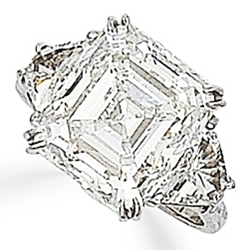 The top lot of the sale was a cut-cornered 9.05-carat modified rectangular-cut diamond solitaire ring that attained $272,000.
