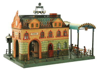 Marklin Central-Bahnhof train station #2651, hand painted with candlelit interior and furnishings, was $23,600. 