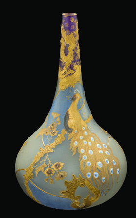 One of the highlights of the exhibition, and the example chosen as the cover image for the recently released book Mt Washington & Pairpoint  Glass, Volume Two, is this Royal Flemish vase, Mt Washington Glass Company, circa 1893‱895, with elaborate peacock decoration.