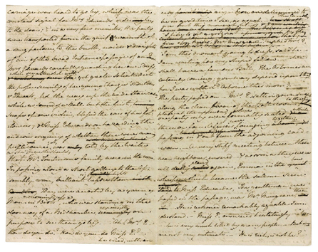 Jane Austen, autograph draft manuscript of her unfinished novel The Watsons, extensively revised and corrected throughout, with crossings out and interlinear additions, loose in nine sections numbered 3 to 11, each section being a gathering of four leaves except the final section (11), which is a bifolium, sold for $1,601,218.