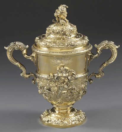 Koopman Rare Art sold a George II cup and cover with important provenance, which had an asking price of about $326,000. It is silver-gilt and originated from London in 1745 with the maker's mark of Paul de Lamerie.