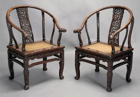 A pair of carved huanghuali and mixed wood horseshoe chairs with Sixteenth⁓eventeenth Century elements ($12/18,000) went out at $362,700.