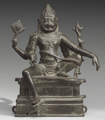"Narasimha (Vishnu's Man Lion Avatar),†circa 990‱000. The artist/maker is unknown; the bronze hails from India, Tamil Nadu, and is 14 inches tall. Purchased with the Stella Kramrisch Fund for Indian and Himalayan Art.