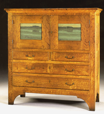 The 1904 linen press was made at Byrdcliffe in a strikingly grained oak with two painted scenic panels.