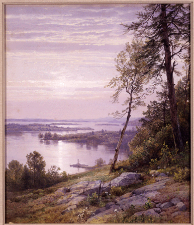 During sojourns in New Hampshire in the 1870s, Richards created this characteristic watercolor showing a rock-bound staging area where vacationers boarded steamers to deliver them to resort sites around the luminescent lake. "Lake Winnipesaukee at Weirs Landing, New Hampshire,†is a small watercolor executed in 1876. Horace P. Wright Collection. Michele and Donald D'Amour Museum of Fine Arts.