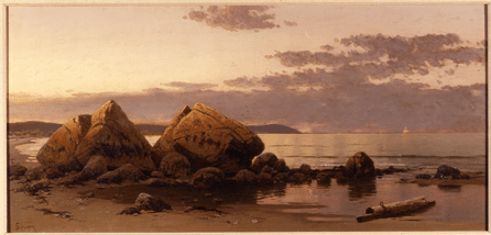 In this muted canvas from the museum's permanent collection, "Evening at Low Tide, Manomet,†1891‱892, Bricher captured the last glow of the setting sun reflecting off large boulders on a deserted beach and still waters supporting a distant sailboat. This oil painting measures 20 by 41¾ inches. Gift of Dr S.E. Coen. Michele and Donald D'Amour Museum of Fine Arts.