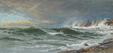 Based on years of observation, Richards was able to convey the fury of roiling waves and the power with which they crashed into shoreline rocks, as in this watercolor, "Passing Storm.†Gift of the Ranger Trust. Michele and Donald D'Amour Museum of Fine Arts.