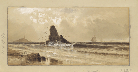 In "Seascape #1,†a small, undated gouache, Bricher depicted the unending contest between rough seas and solid rocks. Photograph by David Stansbury. Courtesy of George Walter Vincent Smith Art Museum.