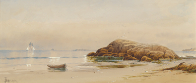 Calm is the prevailing mood in this characteristic watercolor by Bricher, "Morning, Sandy Cove, Cohasset.†It depicts an unpopulated, sandy beach, moored boat, substantial rock outcropping and a sailboat gliding on a mirrorlike surface. Photograph by David Stansbury. Courtesy of George Walter Vincent Smith Art Museum.