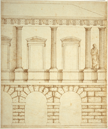 Andrea Palladio (Italian, 1508-1580), elevation of a Doric-order palace facade, first half of the 1540s, ruler and stylus, compasses, pen and brown ink. Royal Institute of British Architects, British Architectural Library.