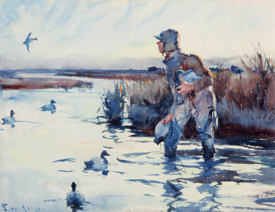 A pair of watercolors by Frank W. Benson, "Hunter and Retriever,†(not shown), and "Hunter with Decoys†(above)fetched $109,250.