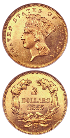 This unique gold $3 1855-S rarity brought $1,322,500 to lead Heritage's August 11‱2 US coin auction.    