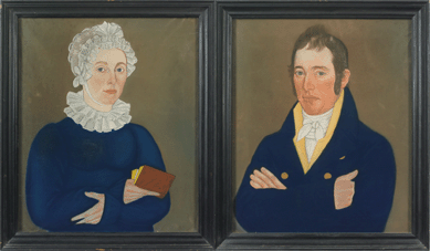 "I will open this lot at $9,000,†Ron Bourgeault said, as a pair of portraits, attributed to Micah Williams, came up on the screen and were held up in the front of the room. Both in blue were Mr and Mrs Smalley, New Jersey, circa 1820, pastels on paper measuring 24 by 19¾ inches and in the original frames with newspaper backing. Florene Maine was listed in the provenance and the high estimate was $20,000. The bidding finally stopped with a phone call at $129,800.