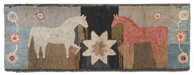 A late Nineteenth Century hooked rug depicting a central star flanked by a red and a white horse and stylized flowers, bordered with scalloped felt, 25¾ by 71½ inches, carried a high estimate of $20,000 and sold for $73,160. Stephen Score, who sold the rug to the Kelloggs, wanted it back and was in the chase up to $60,000.