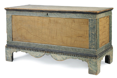 Lot 503, a New England carved and paint-decorated lift-top blanket chest, once in the collection of Howard and Catherine Feldman, probably Maine, circa 1800′0, had a high estimate of $20,000 and sold for $30,680. It was purchased by Olde Hope Antiques.