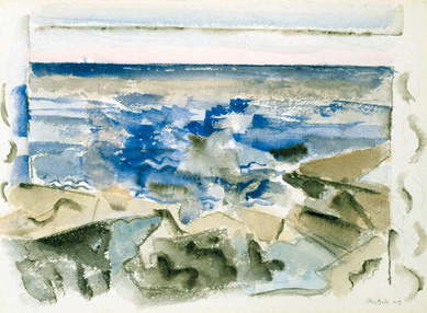 Marin's 1943 watercolor "The Blue Sea†mixes swirls and lines that approach abstraction, but it is still clear that this is the blue ocean meeting the gray, rocky shoreline. Collection of Norman Selby and Melissa Vail. ©Estate of John Marin/Artists Rights Society (ARS), New York.