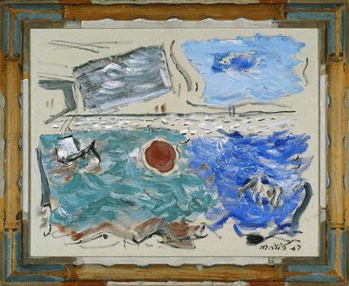 Through trial and error, Marin sought to design frames that created a dynamic balance between his paintings and their surroundings. The painted surround for "Movement: Sea, Ultramarine and Green; Sky, Cerulean and Grey,†1947, extends the pictorial composition and adds energy to the painting. Blanton Museum of Art, The University of Texas at Austin, gift of Mari and James A. Michener, 1991.262. ⁒ich Hall photo, ©Estate of John Marin/Artists Rights Society (ARS), New York.