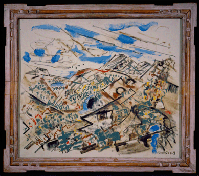 Assertive calligraphic lines and patches of brilliant colors stand out in this Marin oil, "Tunk Mountains, Maine,†1948. Surrounded by a specially designed frame, it depicts a mountain range near Cape Split that Marin painted several times, in this case on a 25-by-30-inch canvas. Lent by the Louisiana Art and Science Museum. ©Estate of John Marin/Artists Rights Society (ARS), New York.