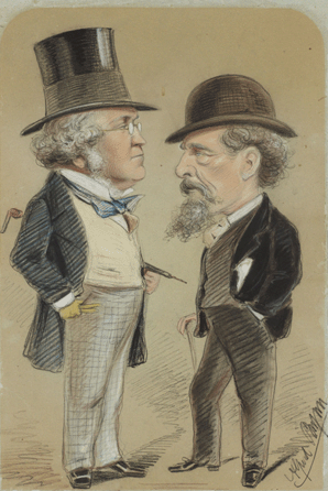 Alfred Bryan (1852‱899), caricature of William Makepeace Thackeray and Charles Dickens, charcoal and colored chalks on blue paper. Gift of Caroline Newton.