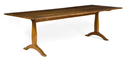 An estimate of $5/8,000 was left in the dust when this Shaker elder's figured maple dining table with trestle base came up for sale. Measuring 28 inches high with a 93¾-by-34½-inch top, bidding finally ended at $64,900, going to someone on the phone.