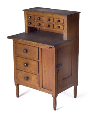 A rare Shaker child's sewing desk, Canterbury, N.H., 34 inches high, 21 inches wide and 17 inches deep, found strong bidding, carrying the final bid of $54,280 well over the $24,000 high estimate. The provenance lists Celeste and Edward Koster of Chatham, N.Y.