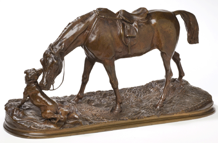 In spite of the difficulty of sculpting the horse, it is a subject that has attracted numerous sculptors over the years. In this sand cast bronze version, "Jument Jouant avec un chien,†circa 1860, Frenchman Pierre Jules Mene captures the charming interplay between a saddled horse and a frisky dog. All works are from the collection of The Bruce Museum.