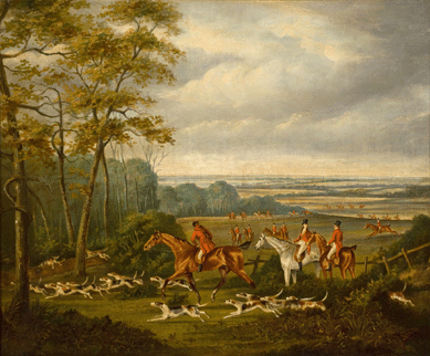 Set amid a glorious English country landscape, hounds, followed by riders, set out in pursuit of their prey in the first of a four-part set of paintings by D. Wolstonholme, "The Chase †Fox Hunting Scenes,†likely circa early Nineteenth Century. Such views of red-jacketed, top-hatted riders on fine horses with frenetic hounds engaged in this gentlemanly sport were highly popular among the British gentry.