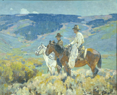 Horses in the American West have been a favorite subject of artists since the great westward movement. A prolific and keen-eyed painter of that scene, Carl Rungius offered a large, brightly hued view of horses in the context of a panoramic mountainscape in "Fall Roundup,†1919.  