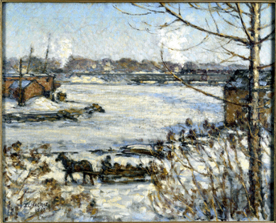 One of the ablest painters of the Cos Cob, Conn., art colony, headquartered at the Bush-Holley House, Elmer MacRae captured this wintry view of the railway span, warehouses, frozen river and horse-drawn sleigh near the historic boardinghouse. The gray, damp cold of Connecticut is palpable in "Railroad Bridge, Winter,†1907.