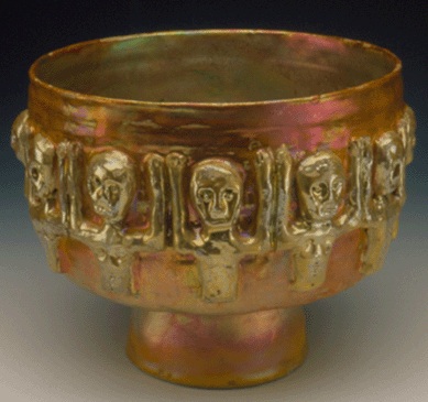 Skulls on half-figures give this gold luster bowl a contemporary feel. It was created in 1985. Beatrice Wood Center for the Arts. ⁔ony Cunha photo, ©Beatrice Wood Center for the Arts/Happy Valley Foundation