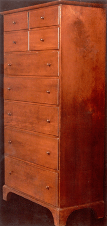 The last item in the Reinfurt collection was a Shaker pine tall chest in red stain, New Lebanon, N.Y. It remains in a remarkable state of preservation and is one of the earliest surviving examples of the Shaker tall chest form. It measures 70½ inches tall and had a estimate of $38/58,000. It sold for $94,400.