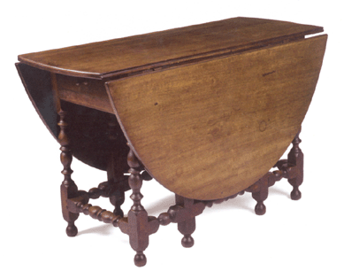 Bringing $88,500, within the $80/120,000 estimate, was this Boston William and Mary walnut gate leg, drop leaf table, circa 1715‱740, rectangular top with bowed ends and deep D-form leaves. It has one long drawer and measured 29 inches high, 48½ inches deep, 62 inches long open and 20¾ inches long closed.