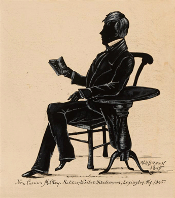 William Henry Brown (American, 1808‱883), "Portrait of Cassius M. Clay,†1845, cut paper heightened with white gouache, brush and black ink on paper. From the Noe Collection, gift of Norma and Robert Noe, Lancaster, Ky.