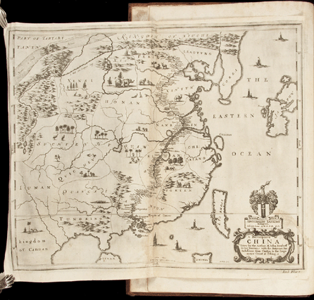 John Ogilby's translations of Jan Nieuhoff's An Embassy from the East-India Company of the United Provinces to the Grand Tartar Cham Emperor of China, and Arnoldus Montanus' Atlas Chinensis, sold to a customer in the room for $42,000, far above the presale estimate of $12/18,000.
